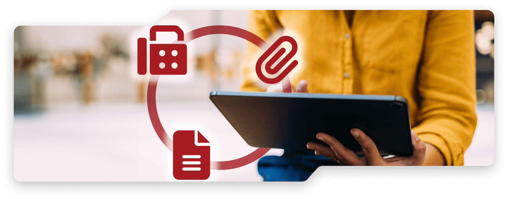 Person holding tablet with icons