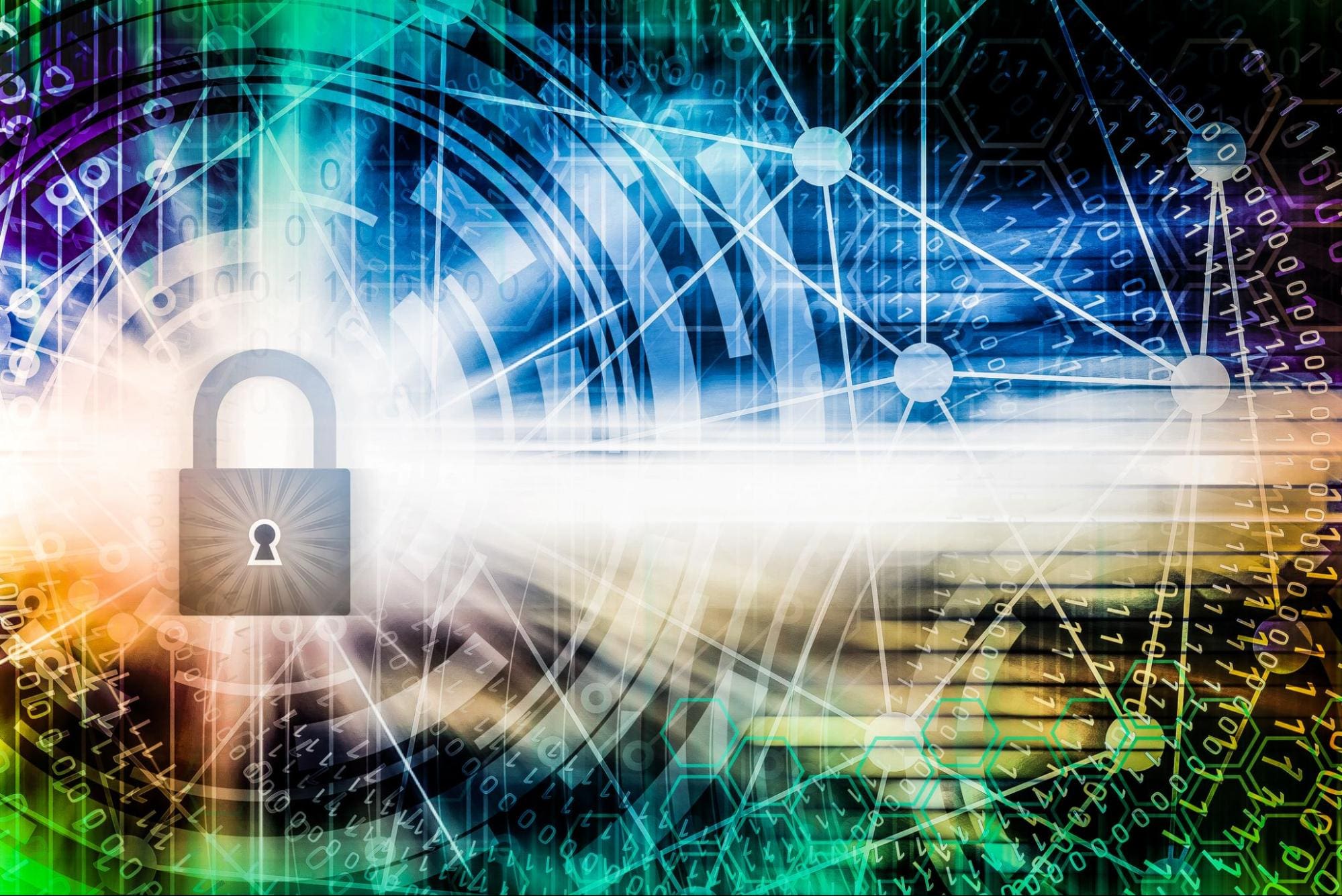A glowing lock icon over a digital network background with binary code and abstract security elements, symbolizing VoIP security and data encryption.